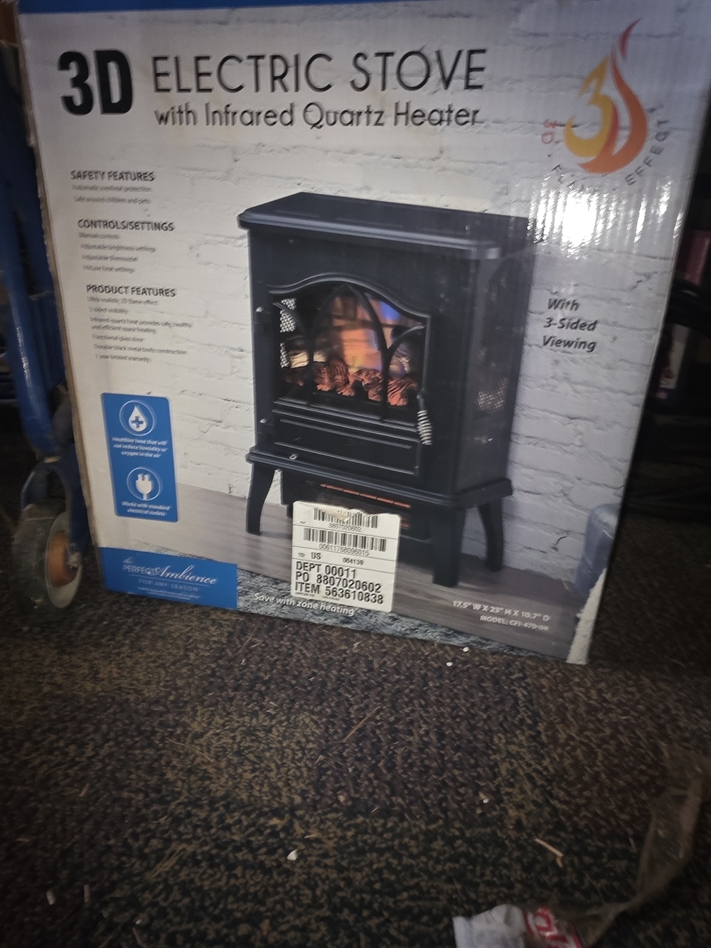 3D Electric Stove with Infrared Quartz Heater - Black